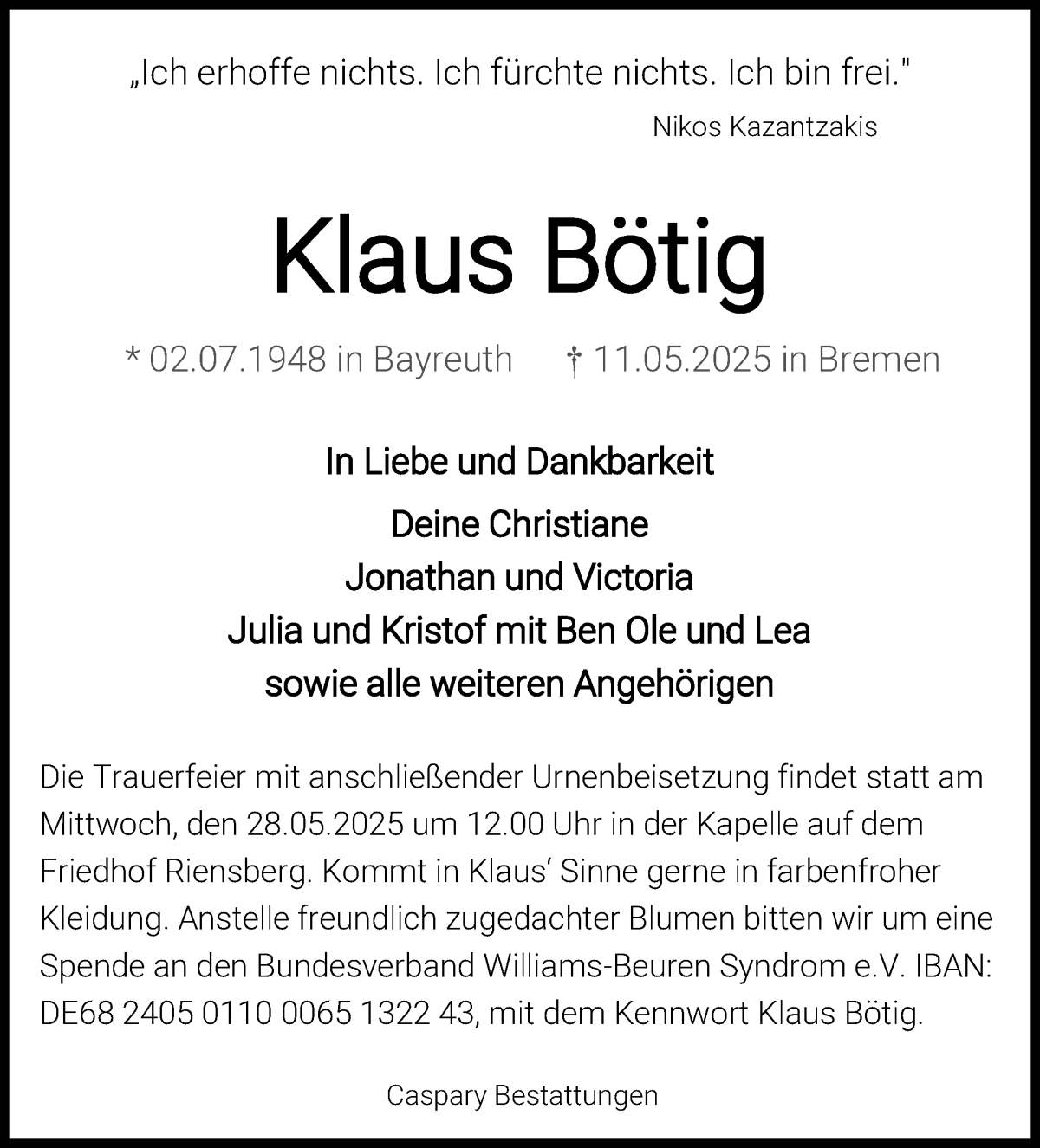  Traueranzeige für Klaus Bötig vom 17.05.2025 aus WESER-KURIER