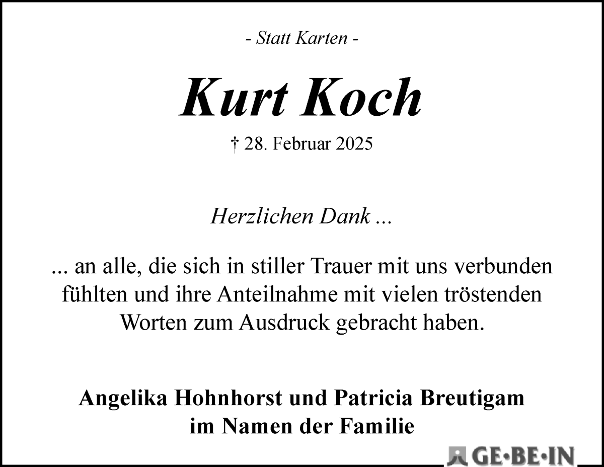 Traueranzeige von Kurt Koch von WESER-KURIER