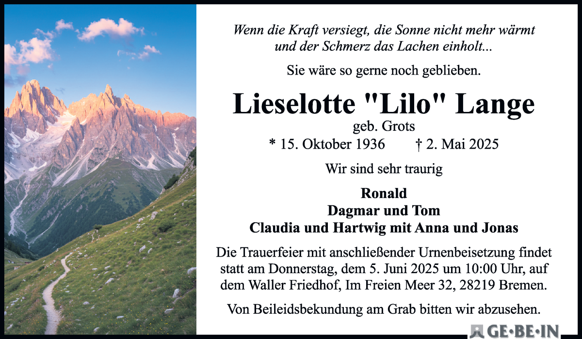 Traueranzeige von Lieselotte Lange von WESER-KURIER