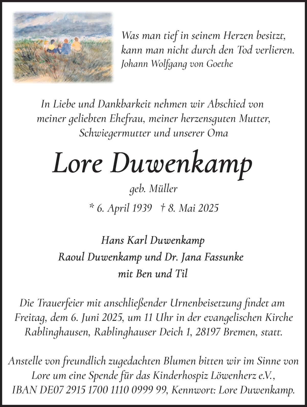 Traueranzeige von Lore Duwenkamp von WESER-KURIER