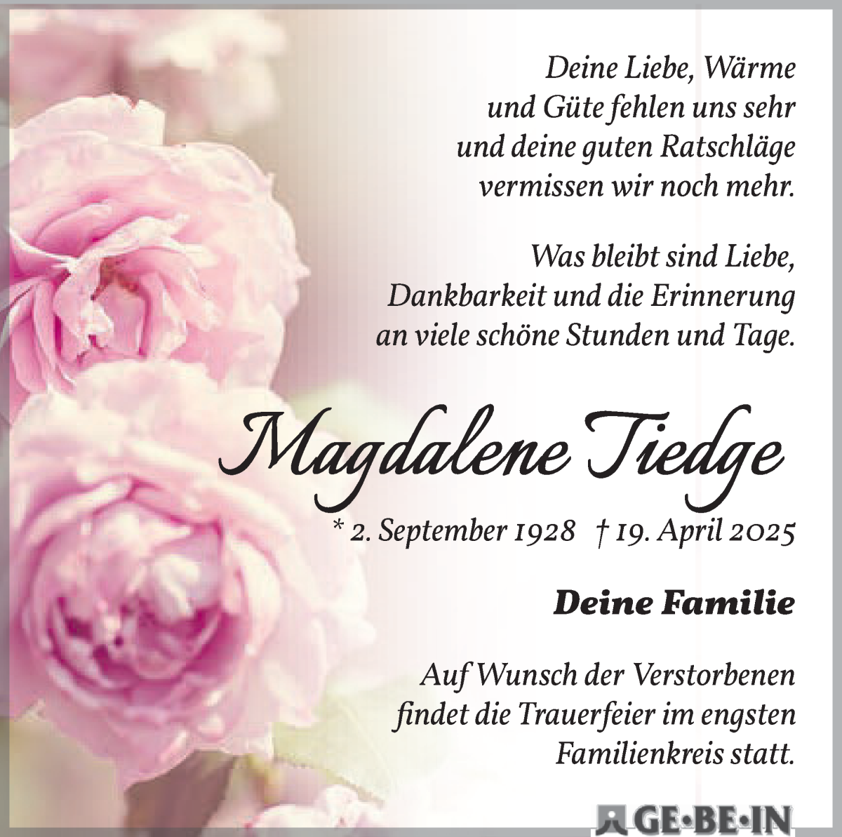 Traueranzeige von Magdalene Tiedge von WESER-KURIER