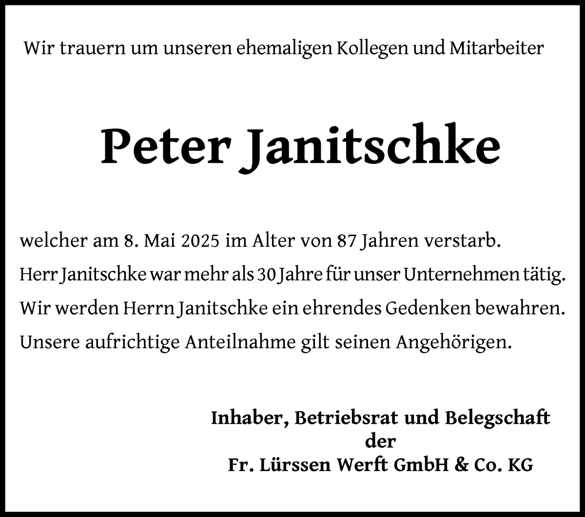 Traueranzeige von Peter Janitschke von Die Norddeutsche