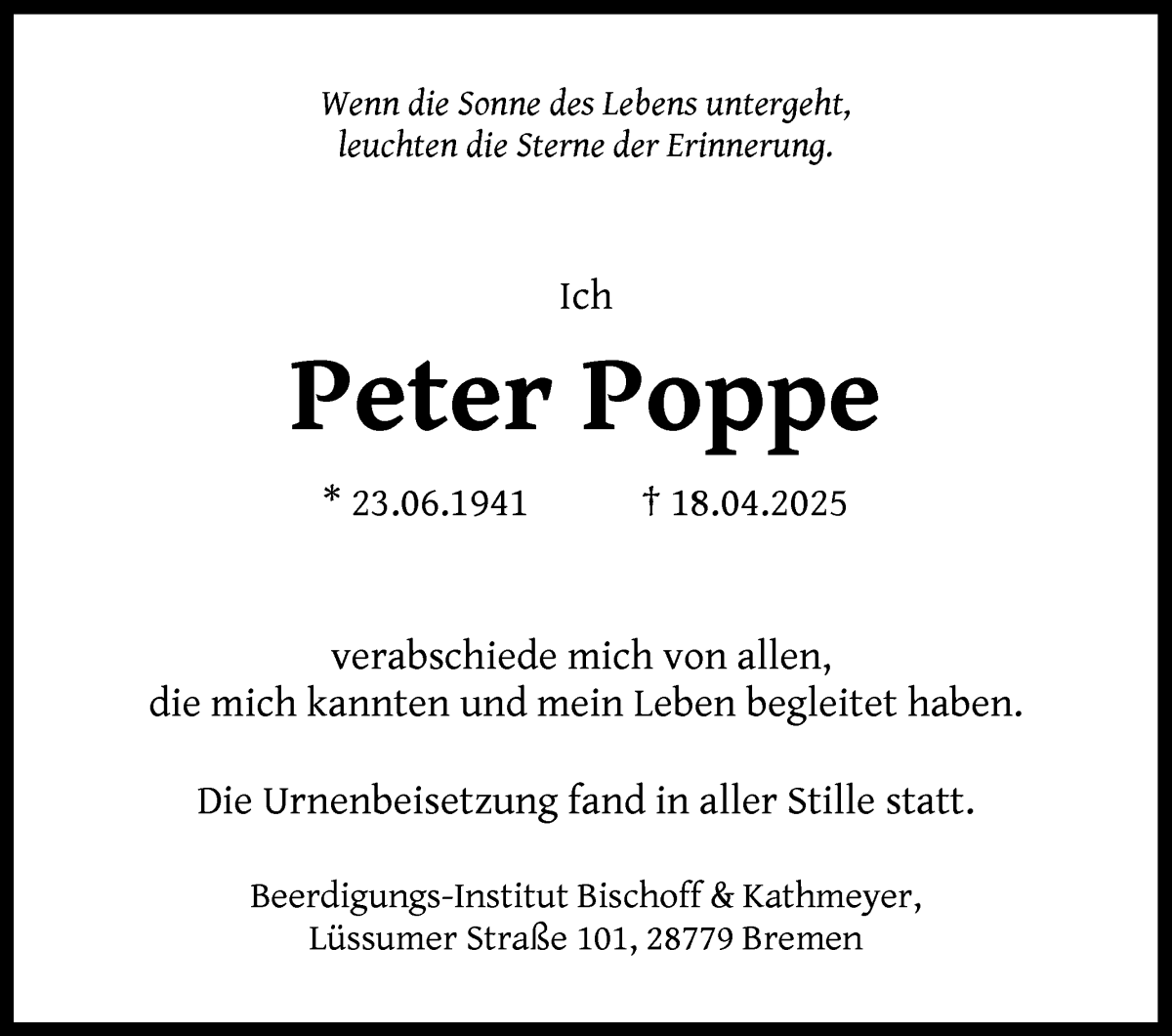 Traueranzeige von Peter Poppe von Die Norddeutsche