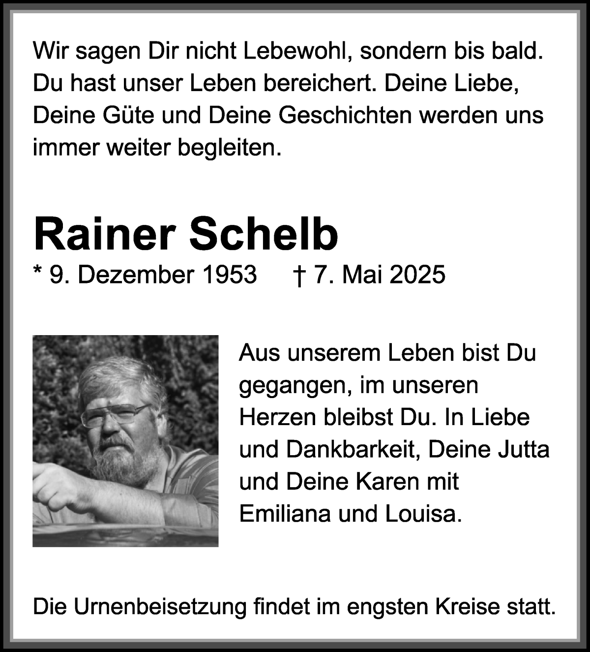 Traueranzeige von Rainer Schelb von WESER-KURIER