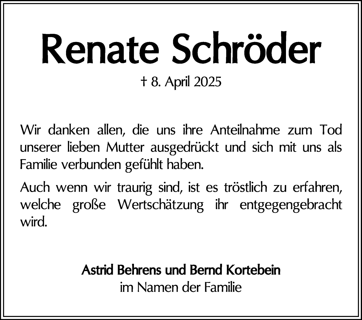 Traueranzeige von Reante Schröder von WESER-KURIER