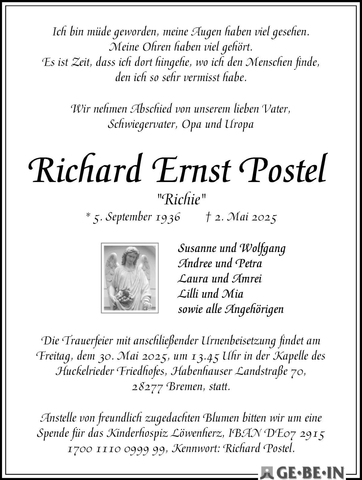 Traueranzeige von Richard Ernst Postel von WESER-KURIER