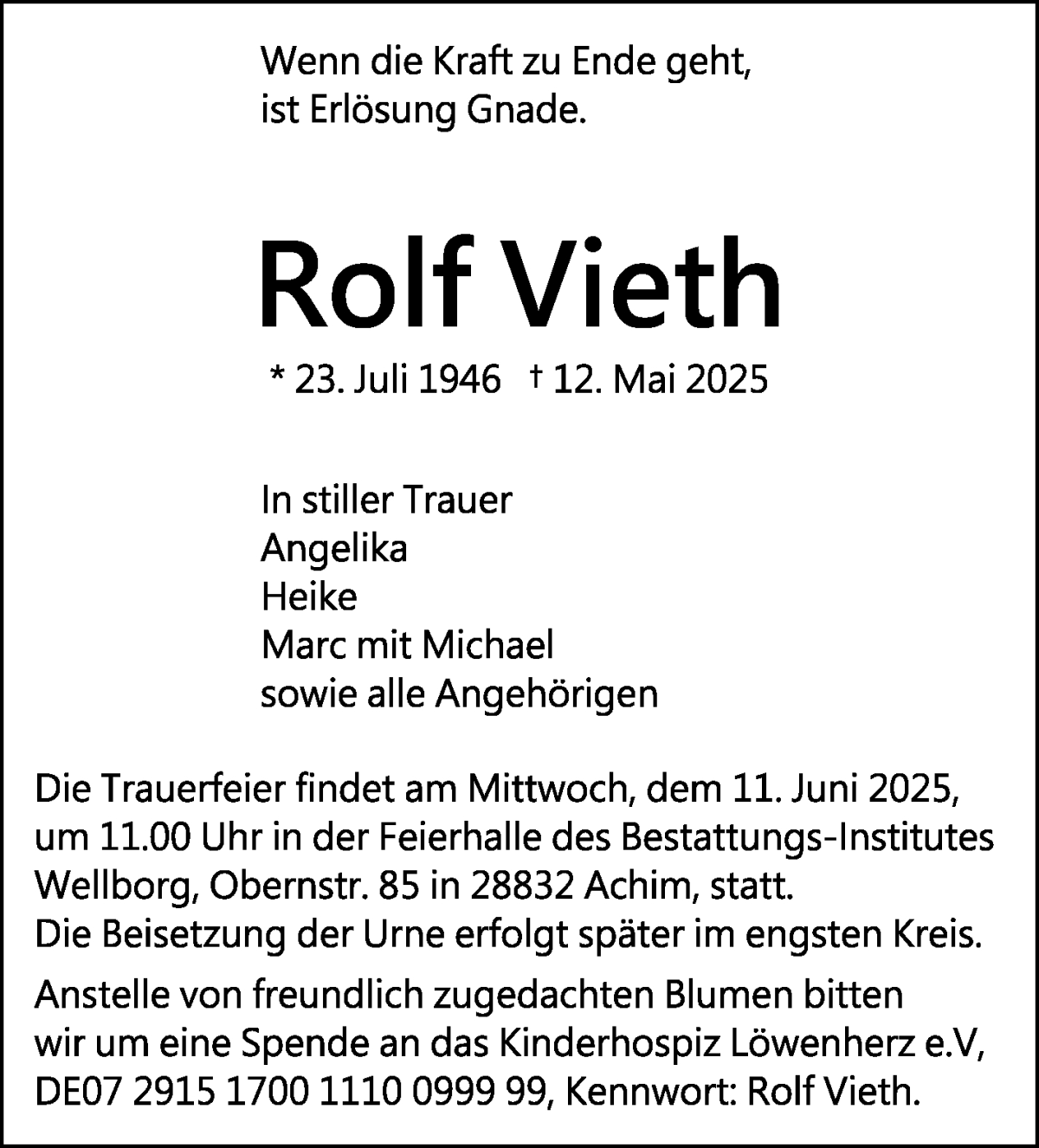 Traueranzeige von Rolf Vieth von WESER-KURIER