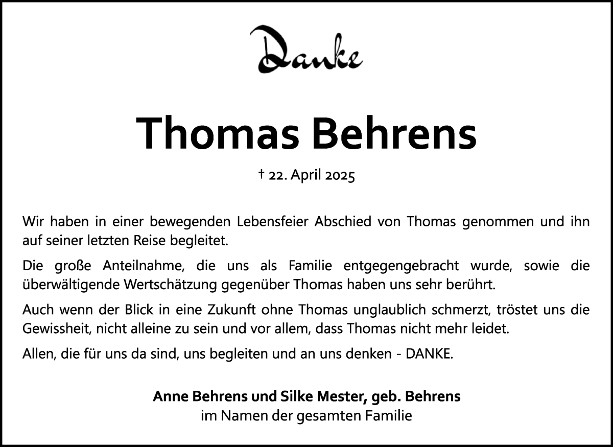 Traueranzeige von Thomas Behrens von WESER-KURIER