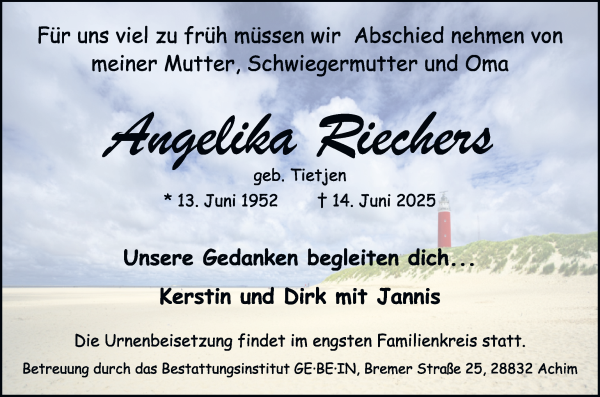 Traueranzeige von Angelika Riechers von Achimer Kurier/Verdener Nachrichten