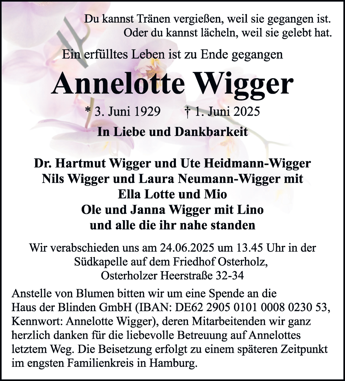  Traueranzeige für Annelotte Wigger vom 14.06.2025 aus WESER-KURIER