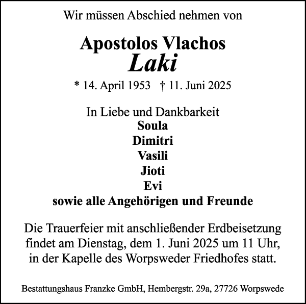 Traueranzeige von Apostolos Vlachos Laki von Wuemme Zeitung