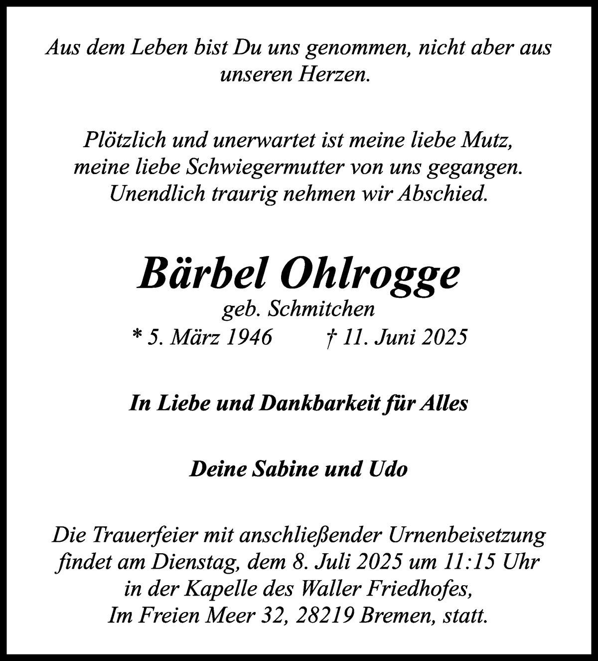 Traueranzeige von Bärbel Ohlrogge von WESER-KURIER