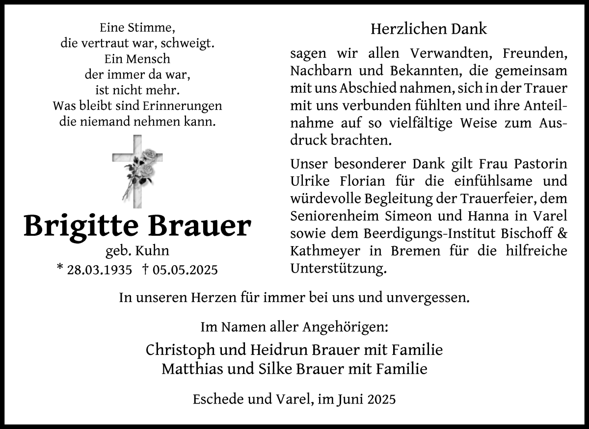  Traueranzeige für Brigitte Brauer vom 28.06.2025 aus Die Norddeutsche