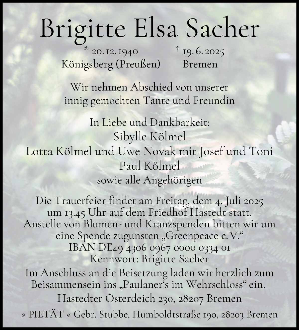 Traueranzeige von Brigitte Sacher von WESER-KURIER