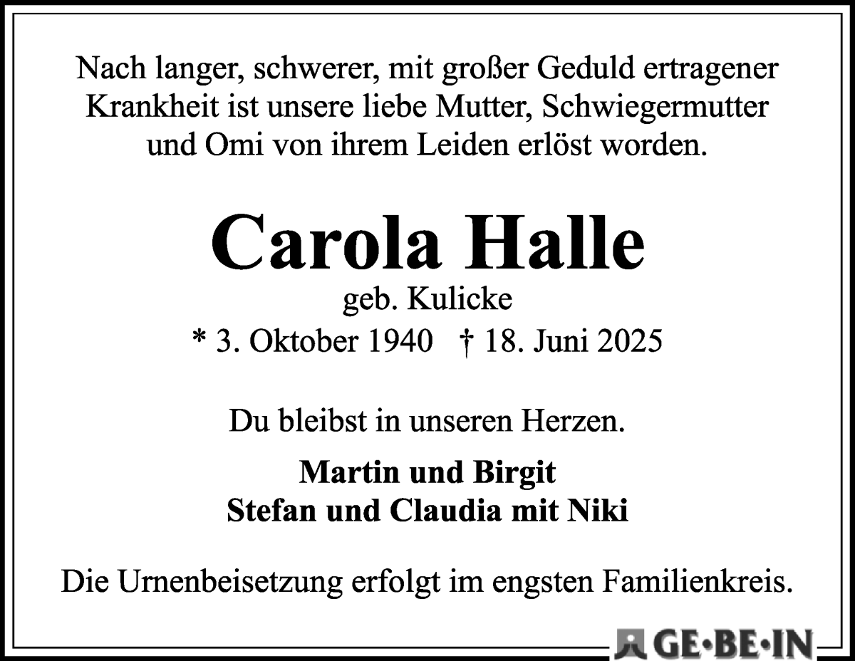 Traueranzeige von Carola Halle von WESER-KURIER