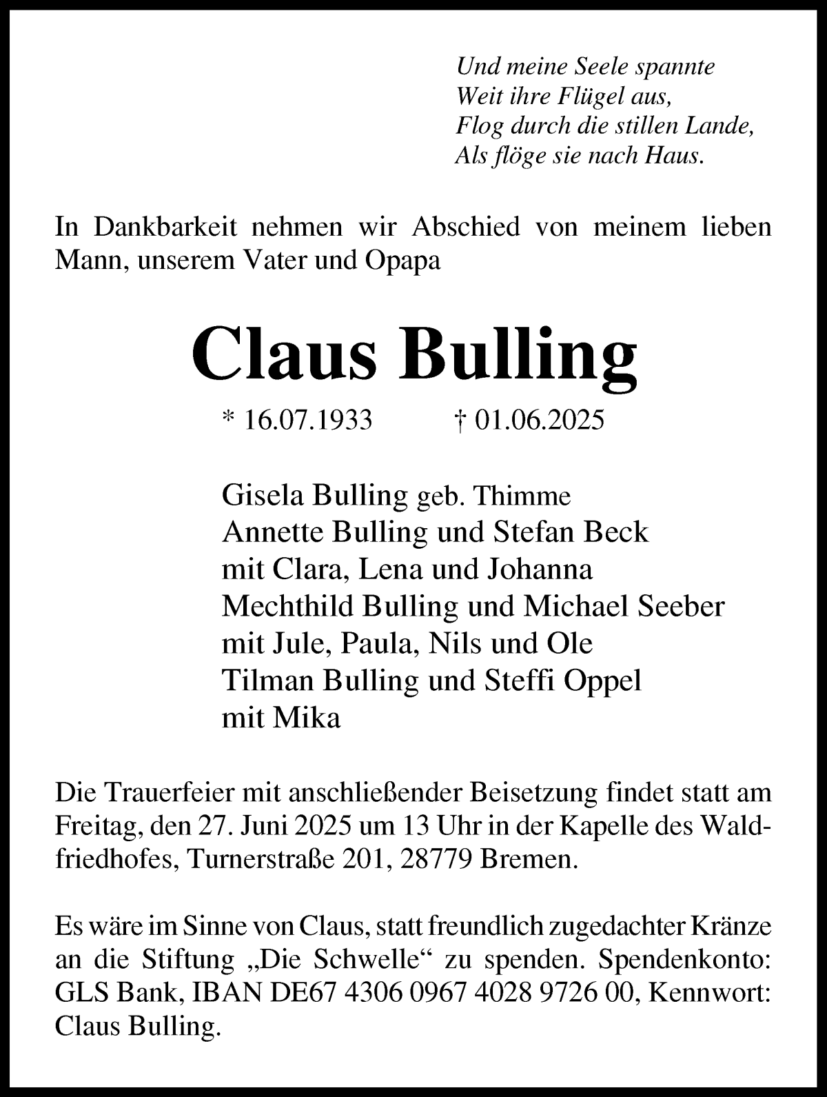  Traueranzeige für Claus Bulling vom 21.06.2025 aus Die Norddeutsche
