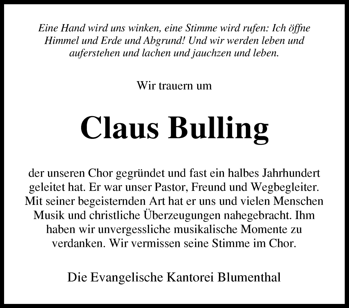  Traueranzeige für Claus Bulling vom 21.06.2025 aus Die Norddeutsche