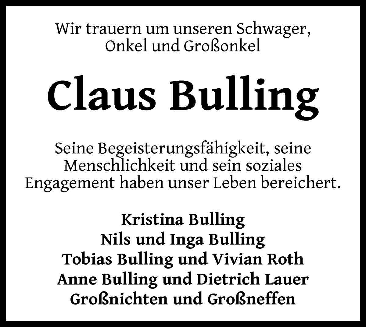  Traueranzeige für Claus Bulling vom 21.06.2025 aus WESER-KURIER