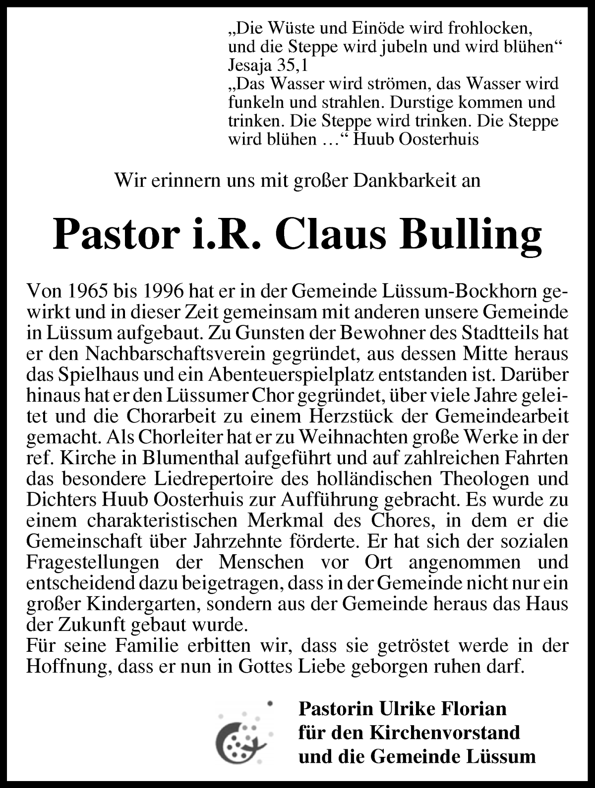  Traueranzeige für Claus Bulling vom 21.06.2025 aus Die Norddeutsche