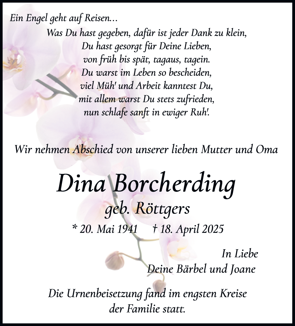 Traueranzeige von Dina  Borcherding von WESER-KURIER