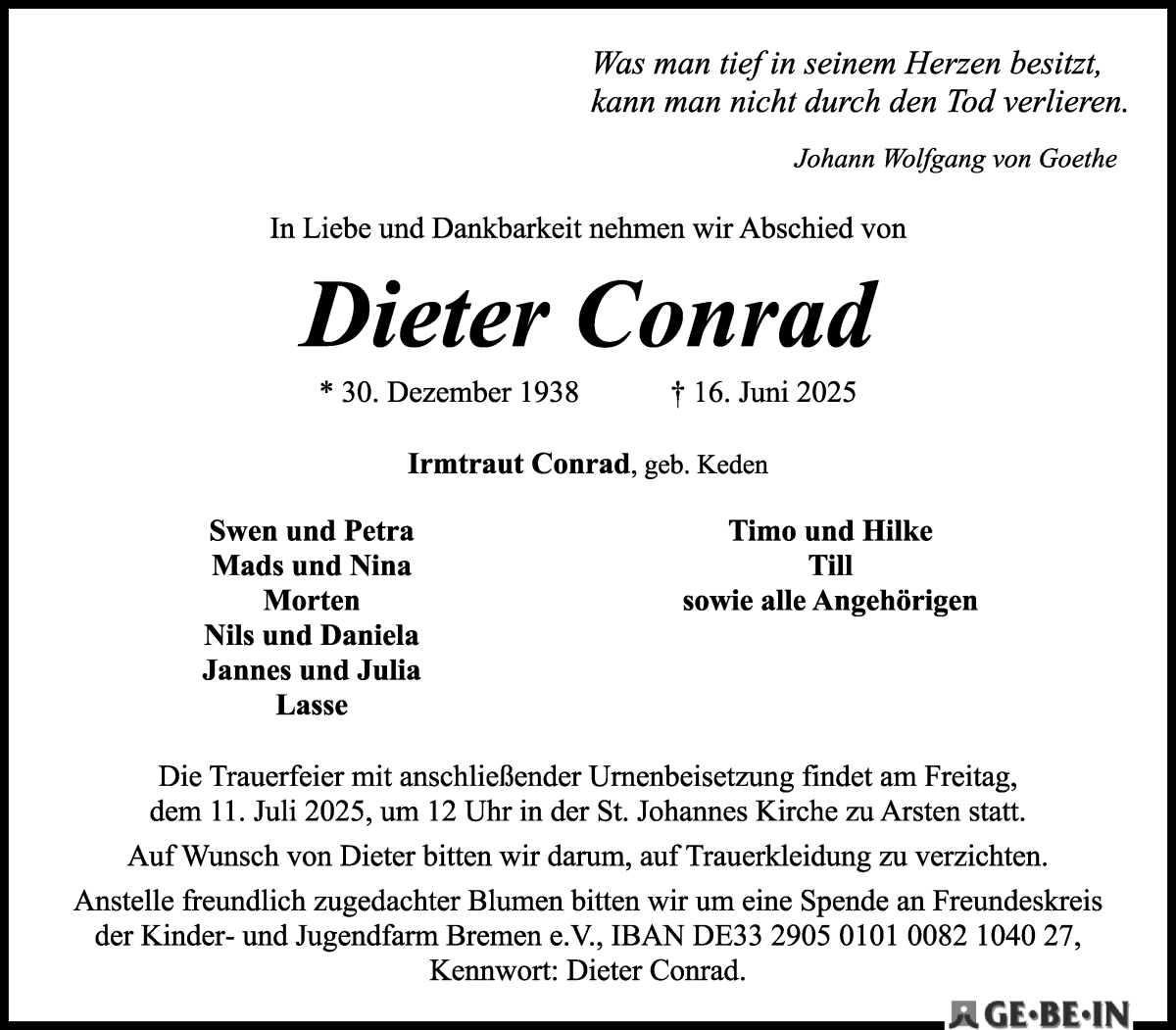 Traueranzeige von Dieter Conrad von WESER-KURIER