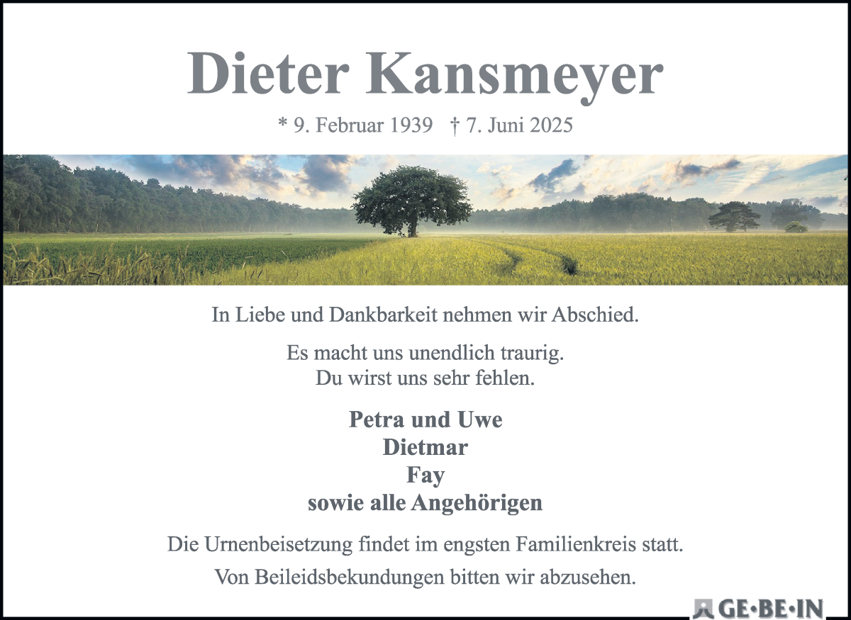 Traueranzeige von Dieter Kansmeyer von Die Norddeutsche