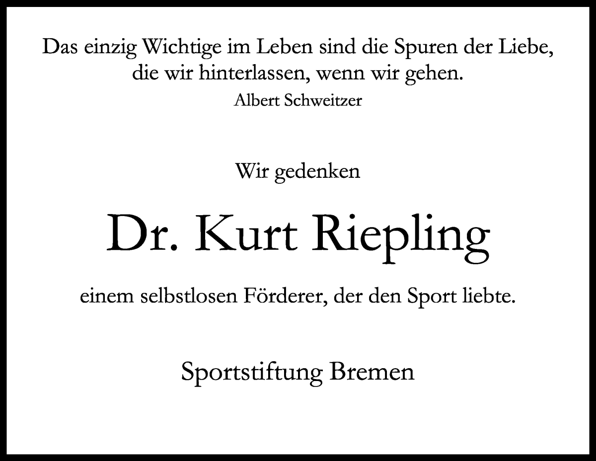 Traueranzeige von Dr. Kurt Riepling von WESER-KURIER