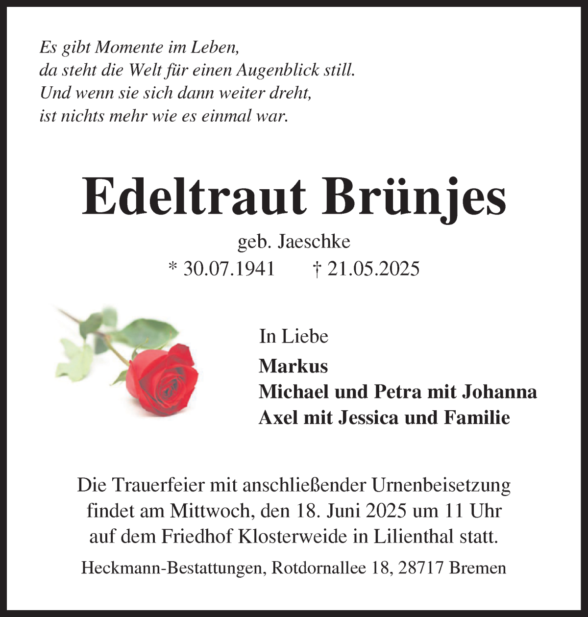 Traueranzeige von Edeltraut Brünjes von Wuemme Zeitung