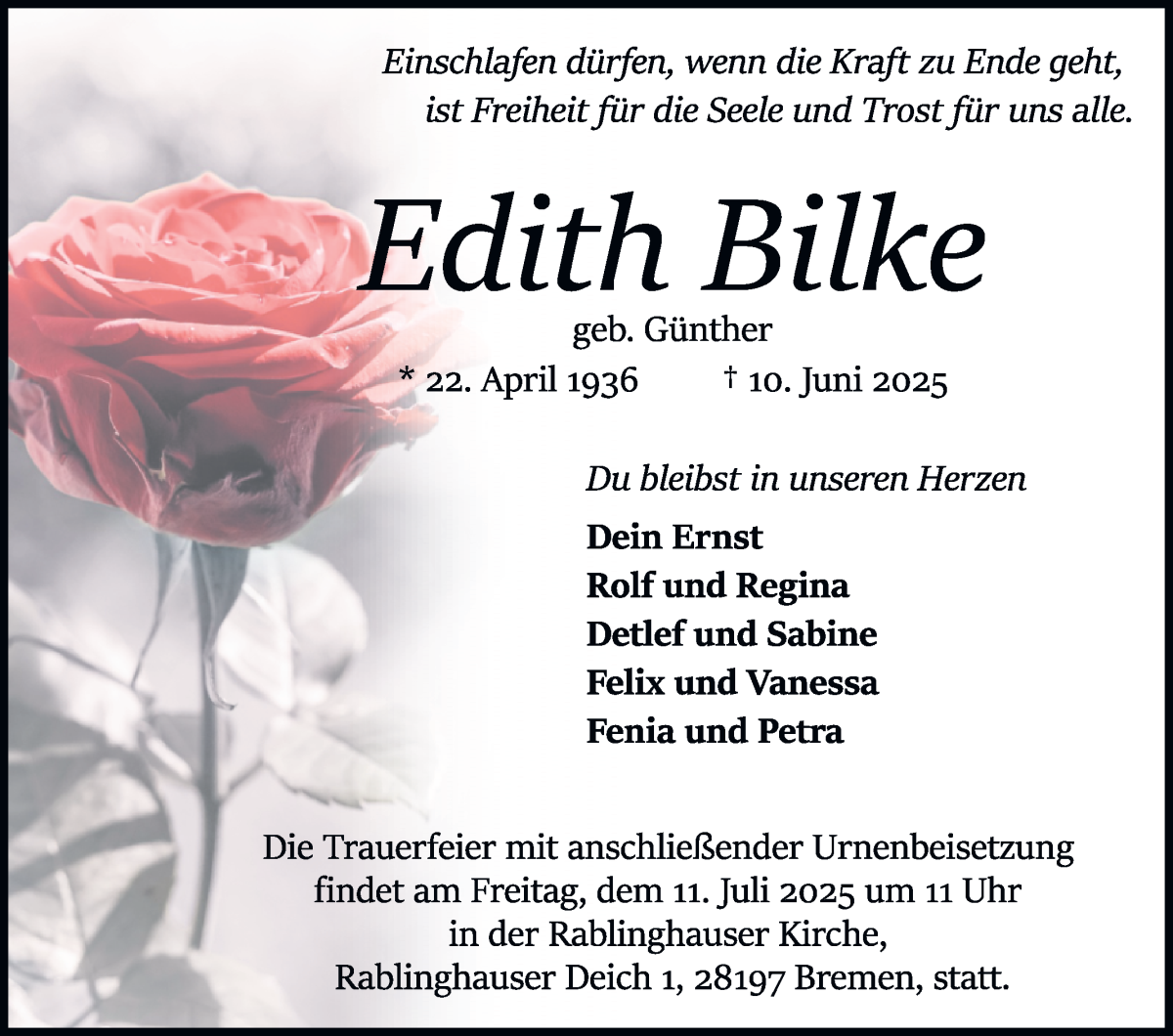 Traueranzeige von Edith Bilke von WESER-KURIER