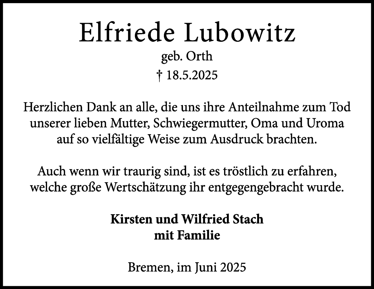  Traueranzeige für Elfriede Lubowitz vom 21.06.2025 aus Die Norddeutsche