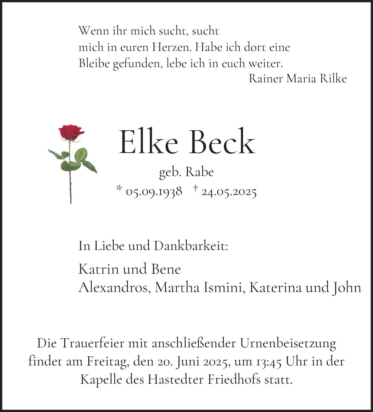 Traueranzeige von Elke Beck von WESER-KURIER