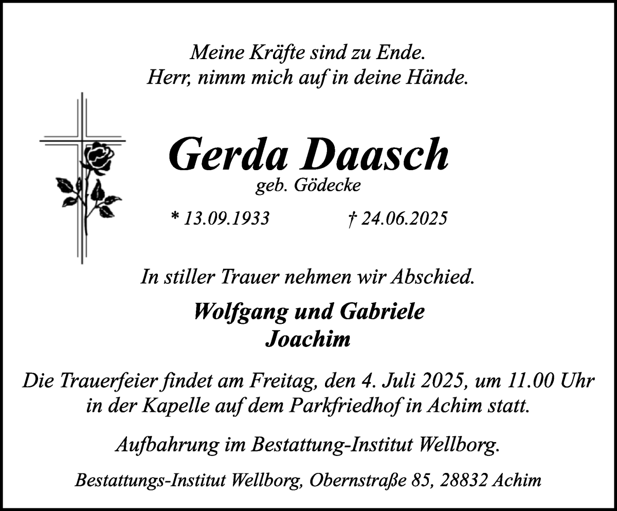 Traueranzeige von Gerda Daasch von Achimer Kurier/Verdener Nachrichten