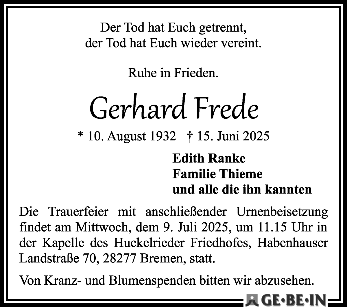 Traueranzeige von Gerhard Frede von WESER-KURIER