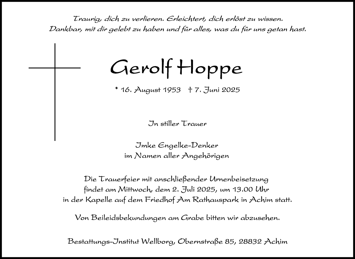 Traueranzeige von Gerolf Hoppe von Achimer Kurier/Verdener Nachrichten
