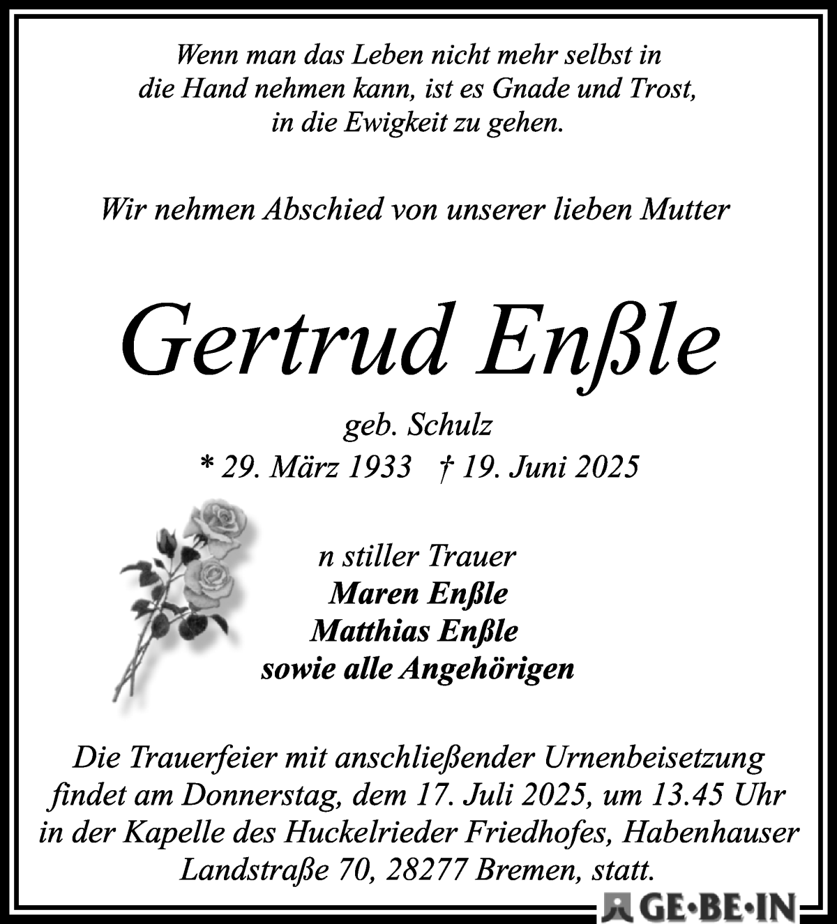 Traueranzeige von Gertrud Enßle von WESER-KURIER