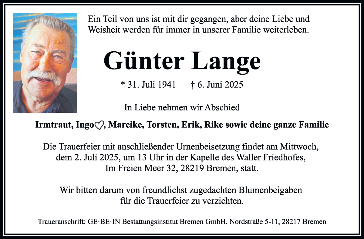 Traueranzeige von Günter Lange von WESER-KURIER