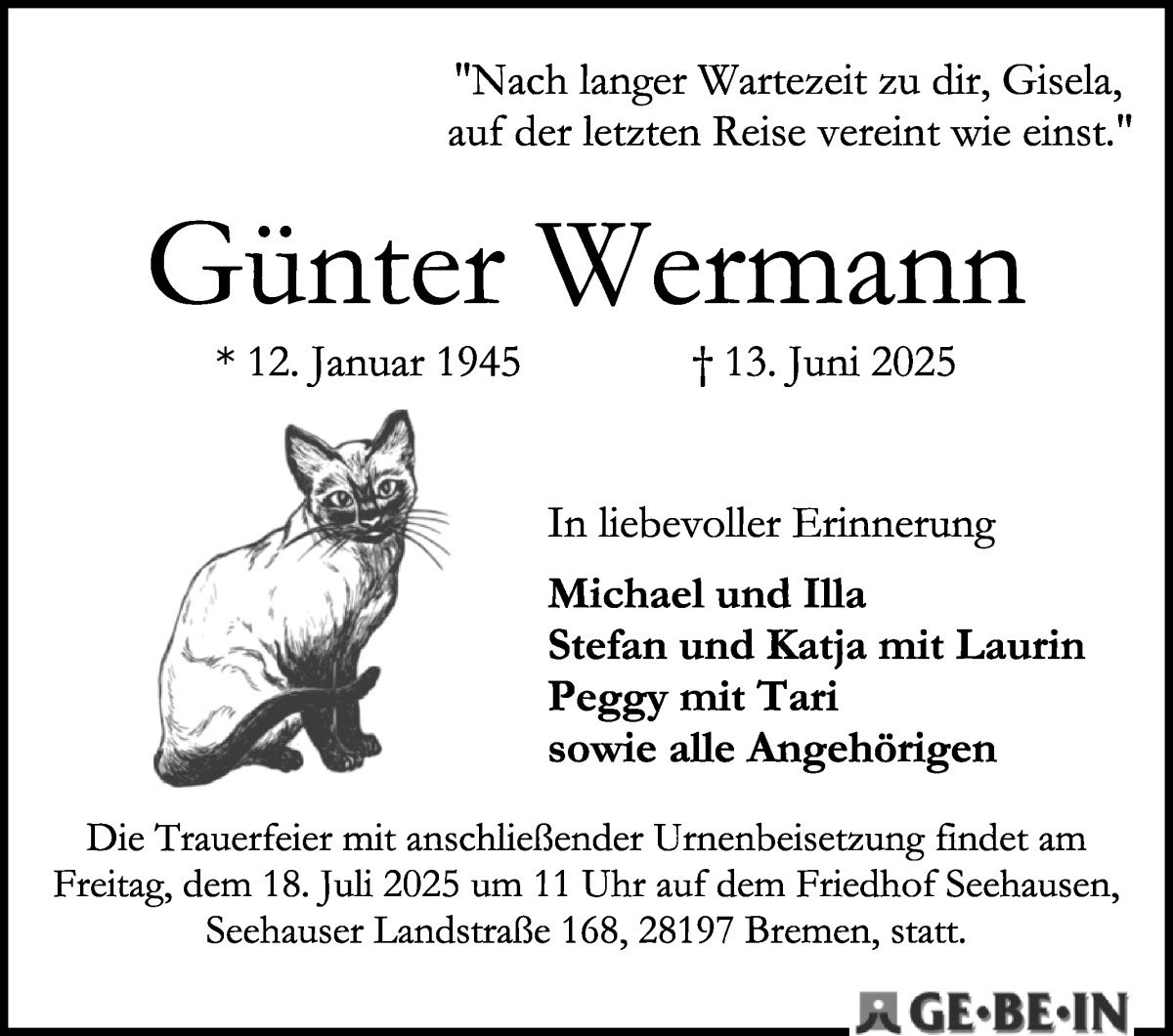 Traueranzeige von Günter Wermann von WESER-KURIER