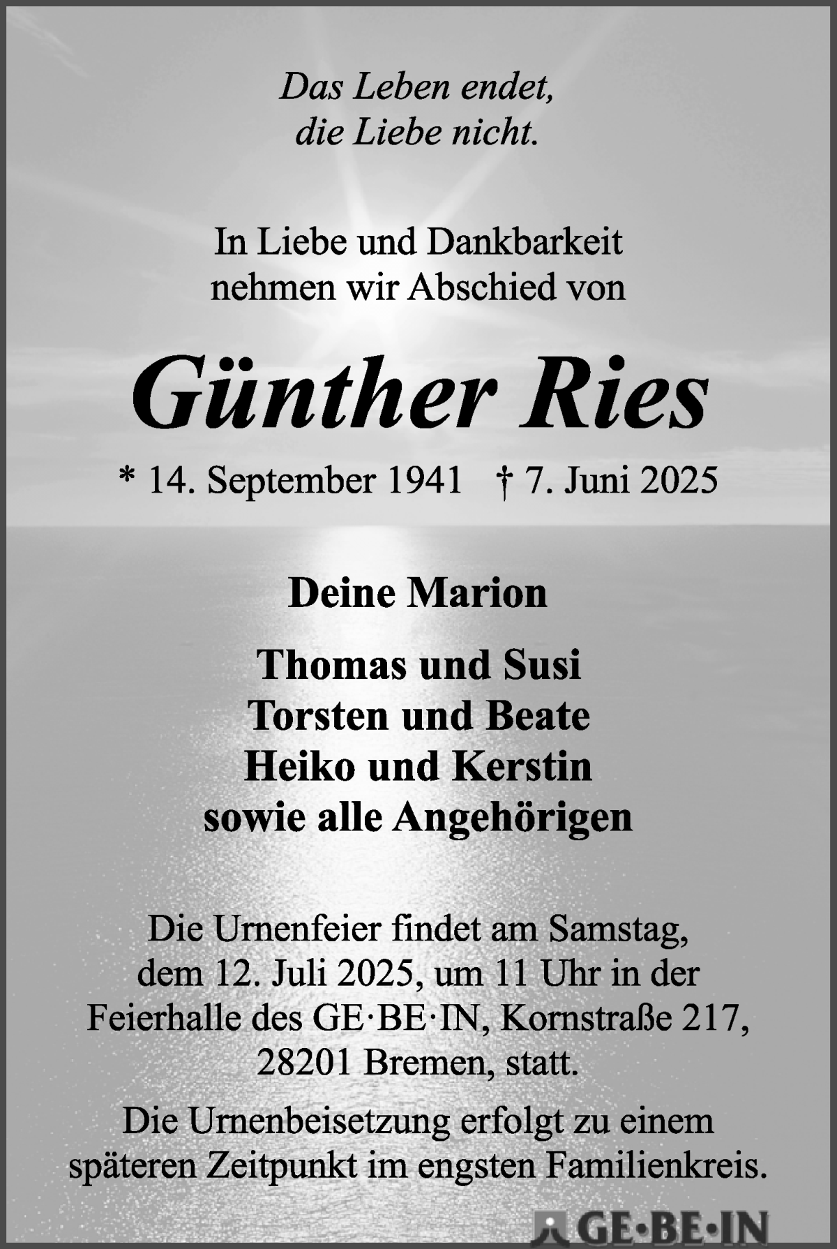 Traueranzeige von Günther Ries von WESER-KURIER