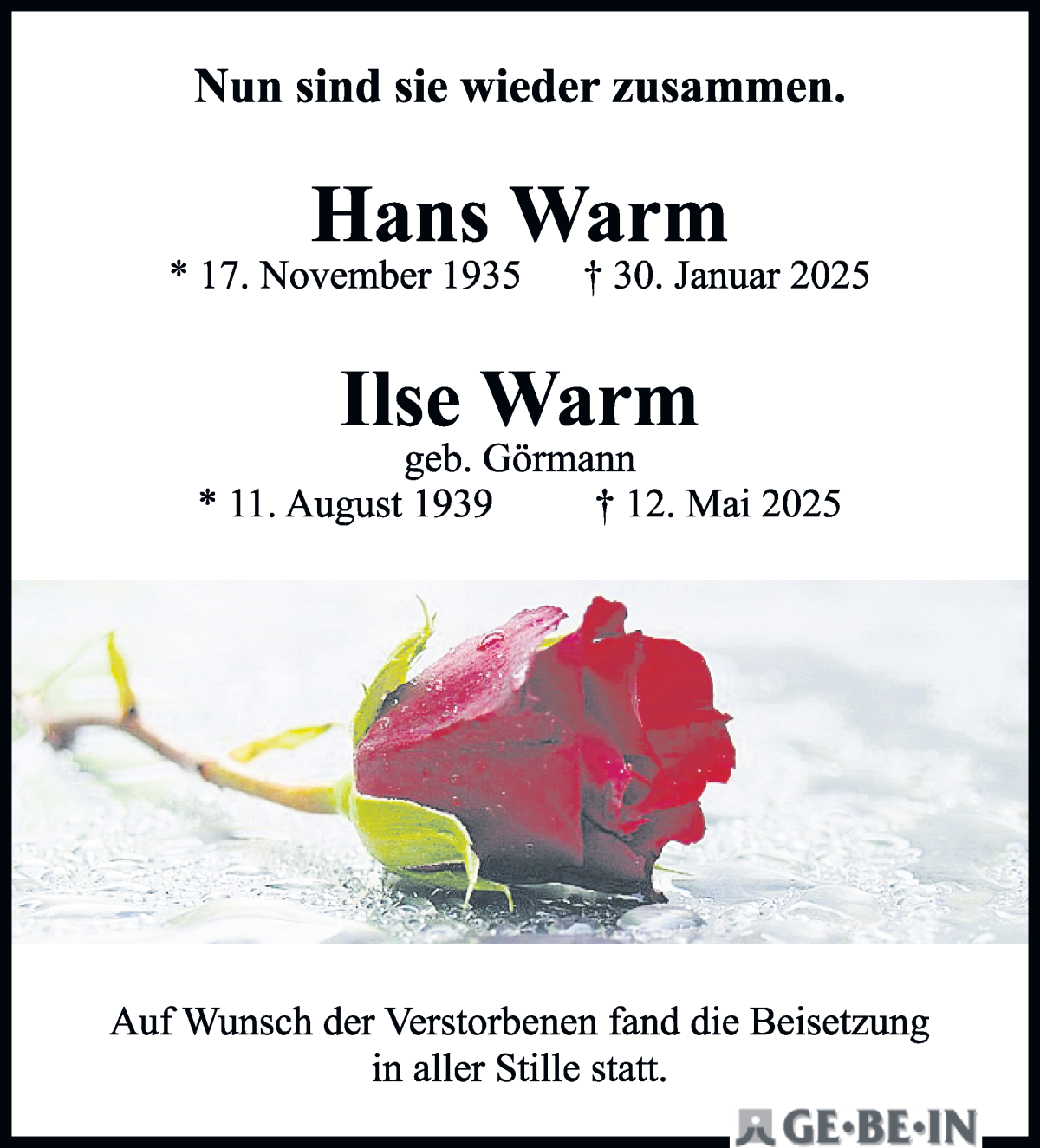 Traueranzeige von Hans und Ilse Warm von WESER-KURIER