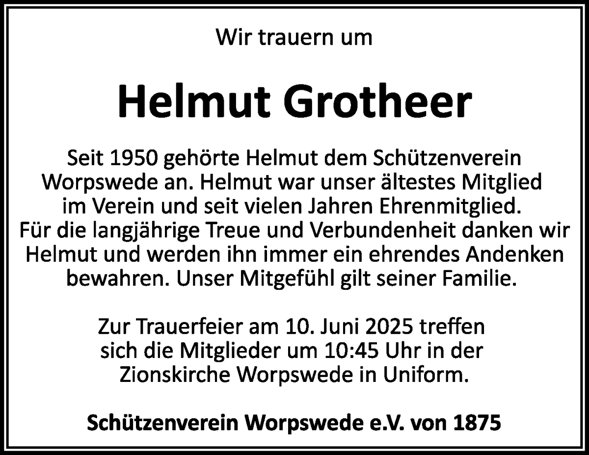 Traueranzeige von Helmut Grotheer von Wuemme Zeitung
