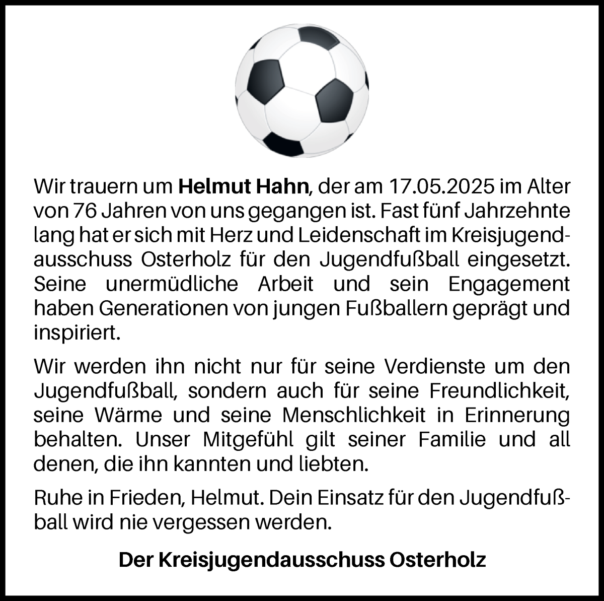 Traueranzeige von Helmut Hahn von Osterholzer Kreisblatt