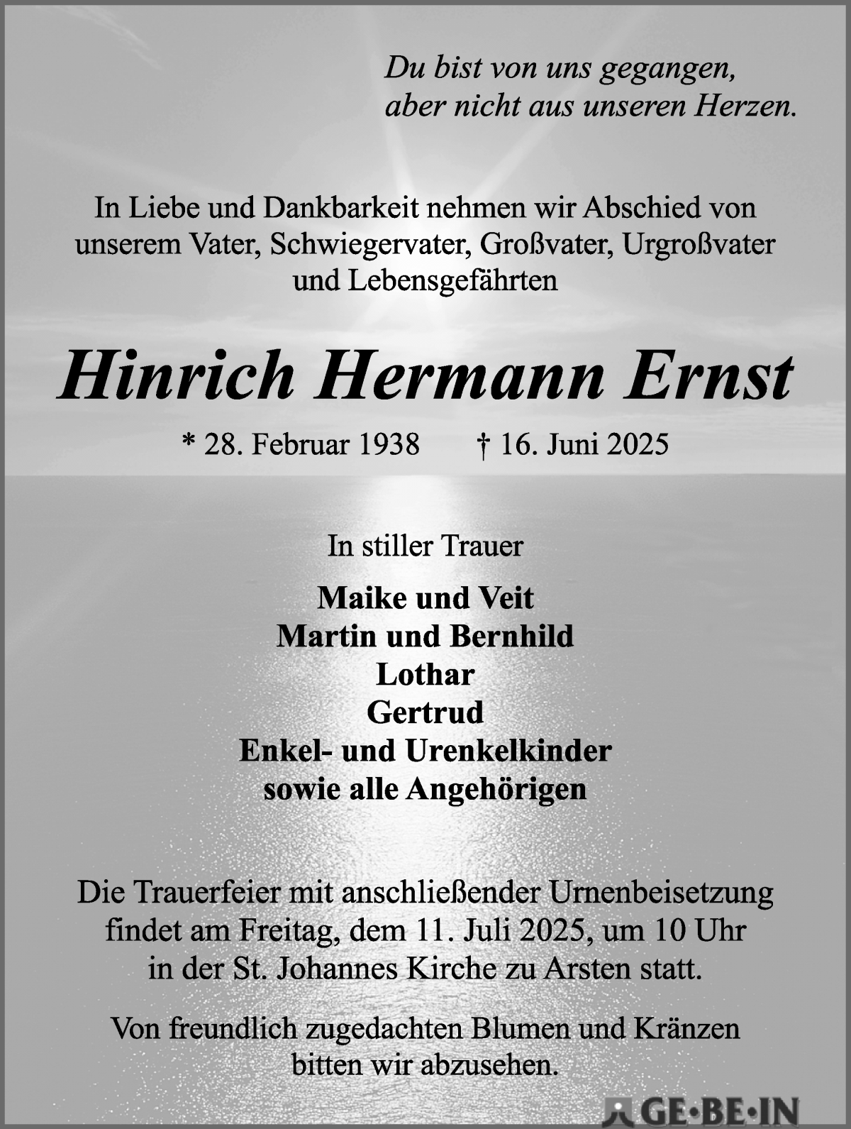 Traueranzeige von Hinrich Hermann Ernst von WESER-KURIER