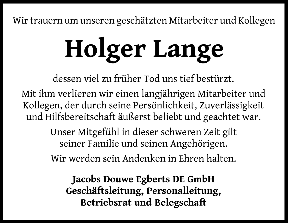 Traueranzeige von Holger Lange von WESER-KURIER