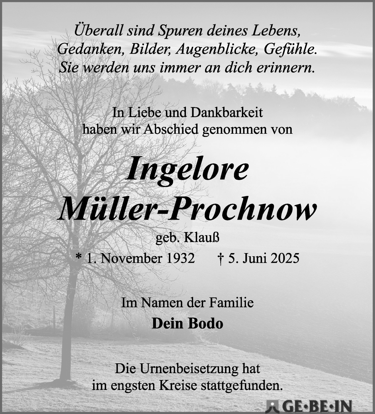 Traueranzeige von Ingelore Müller-Prochnow von WESER-KURIER