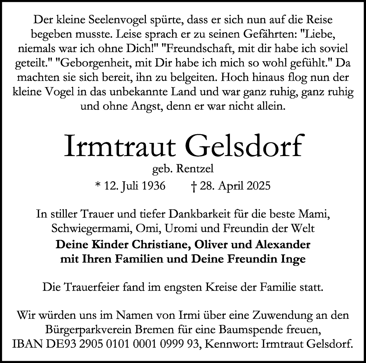 Traueranzeige von Irmtraut Gelsdorf von WESER-KURIER