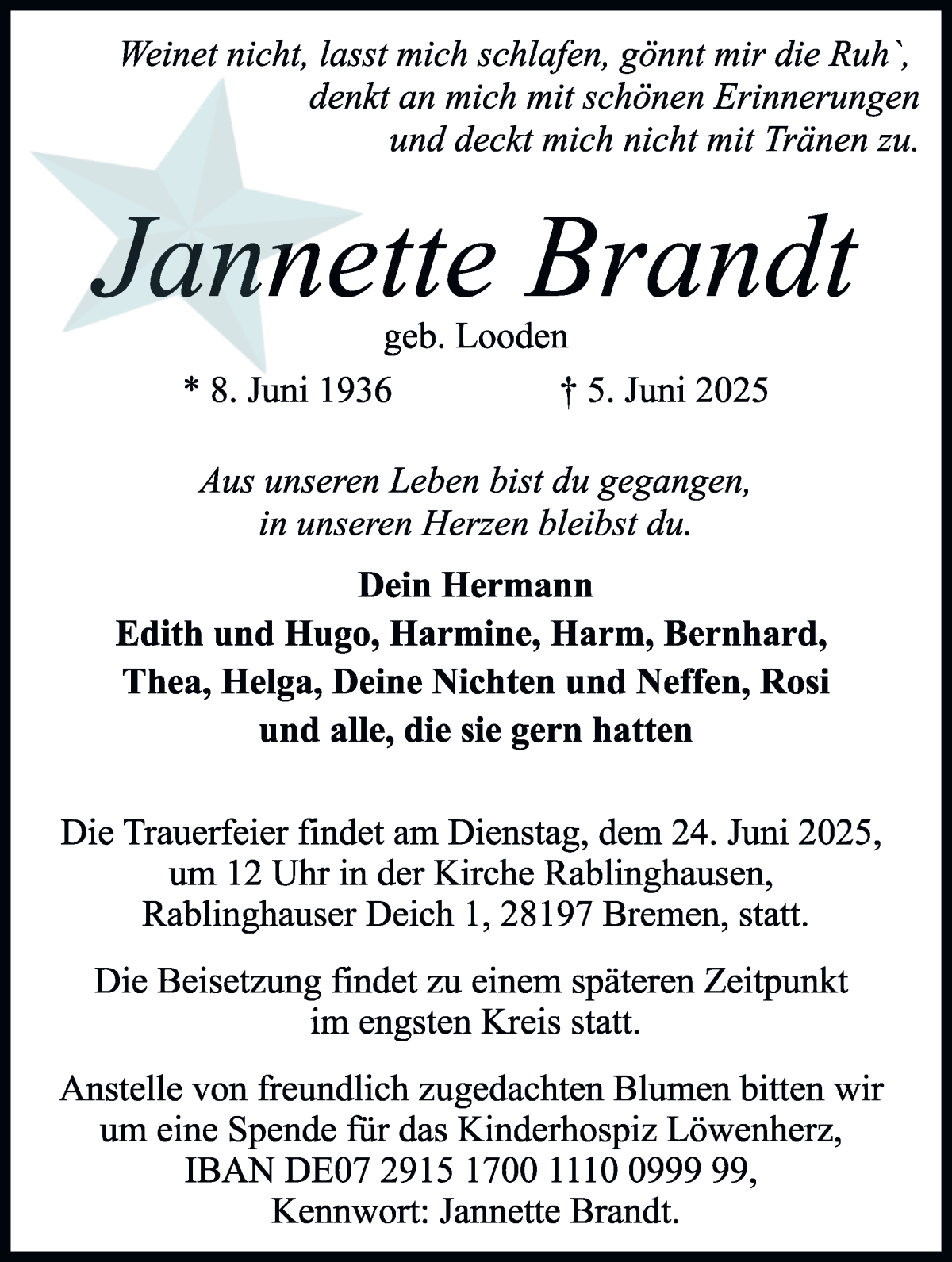 Traueranzeige von Jannette Brandt von WESER-KURIER