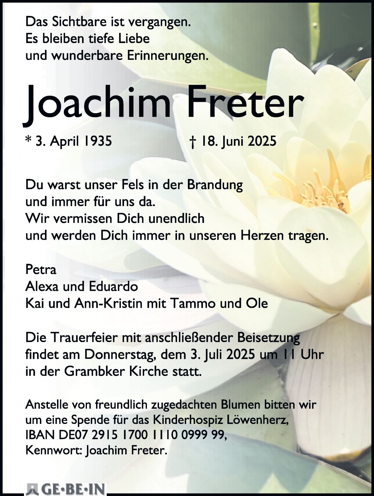 Traueranzeige von Joachim Freter von WESER-KURIER