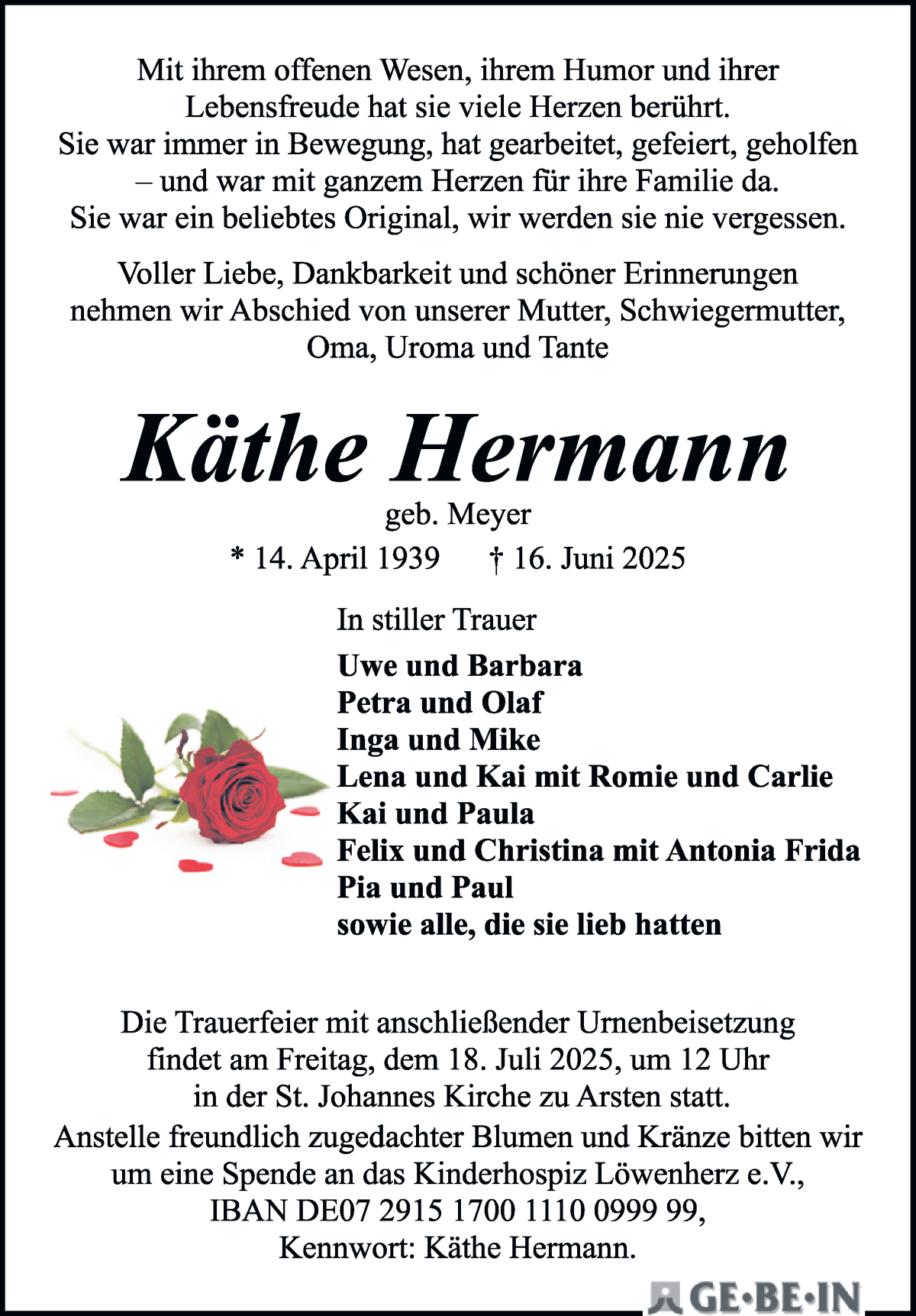 Traueranzeige von Käthe Hermann von WESER-KURIER