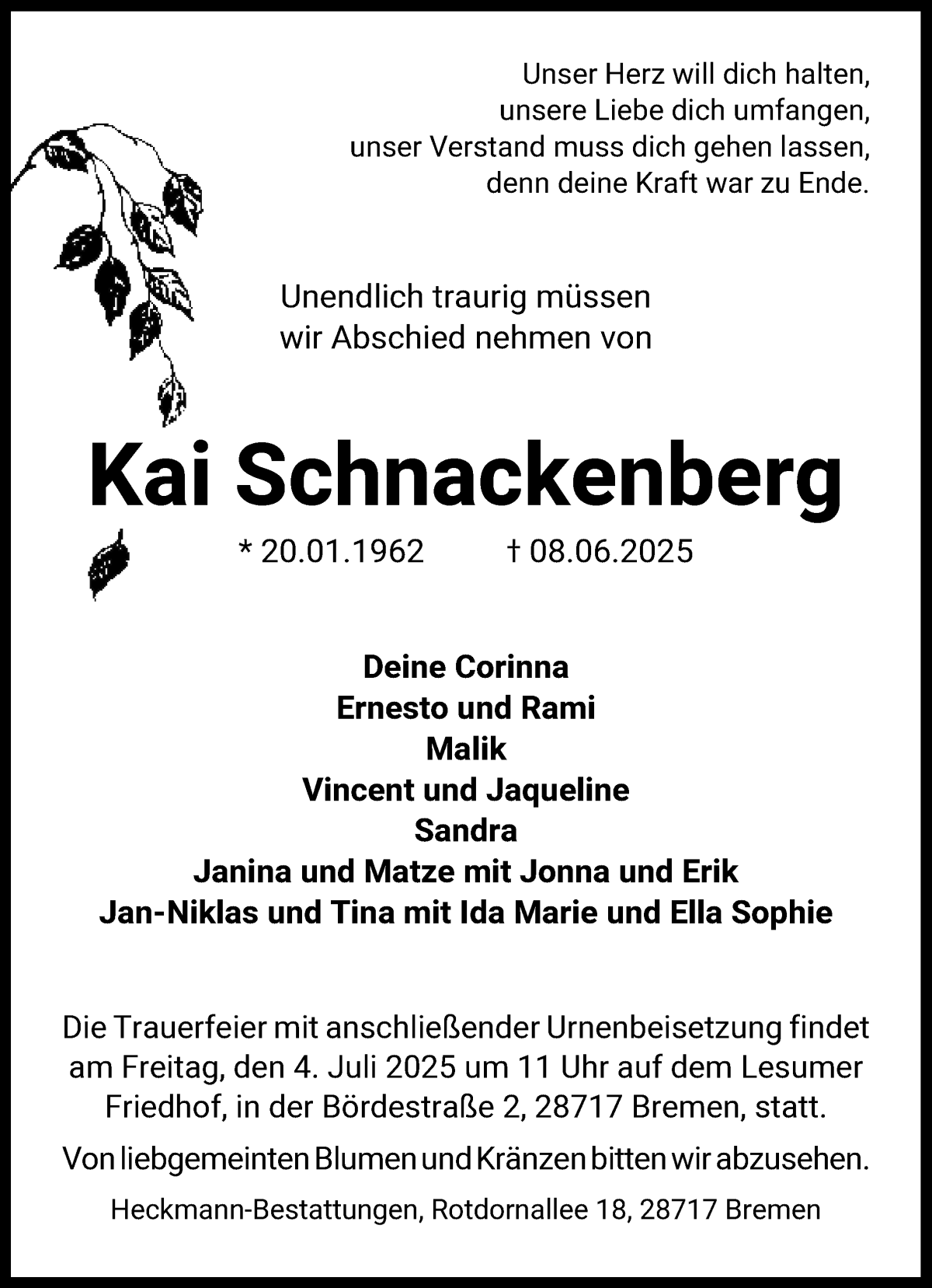 Traueranzeige von Kai Schnackenberg von Die Norddeutsche