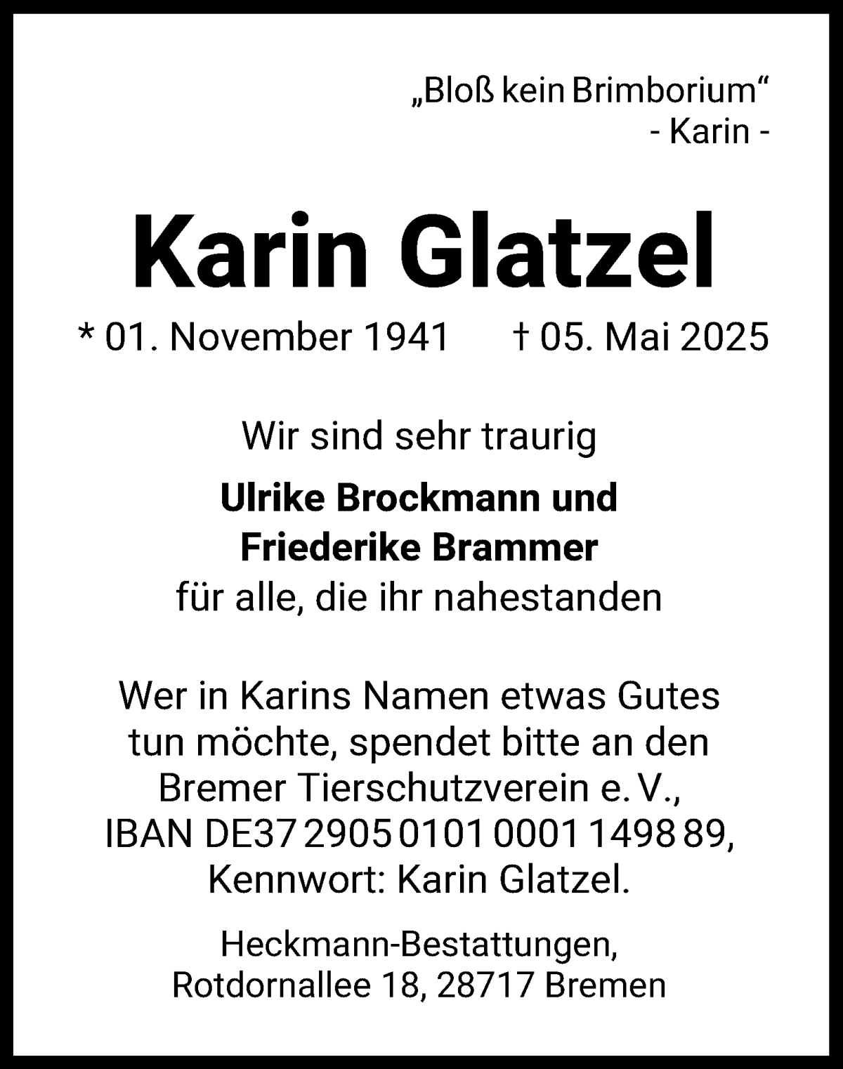 Traueranzeige von Karin Glatzel von WESER-KURIER